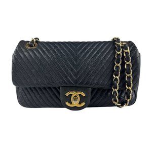 CHANEL V-stitch Leather Shoulder Bag in Navy and Gold (Z6271)